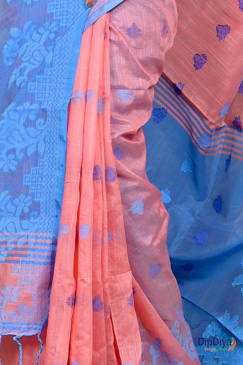 Peach Cotton Blended Parup Hand Loom Saree (555)